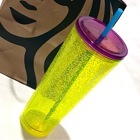 Starbucks Neon Yellow Bubble Cold Cup Tumbler with Straw 24oz Yellow/Purple/Blue - Picture 7 of 10